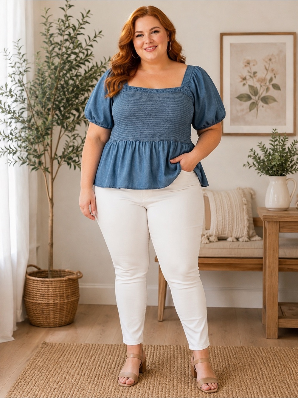 Sweet Rain Denim Blue Smocked Peplum Top